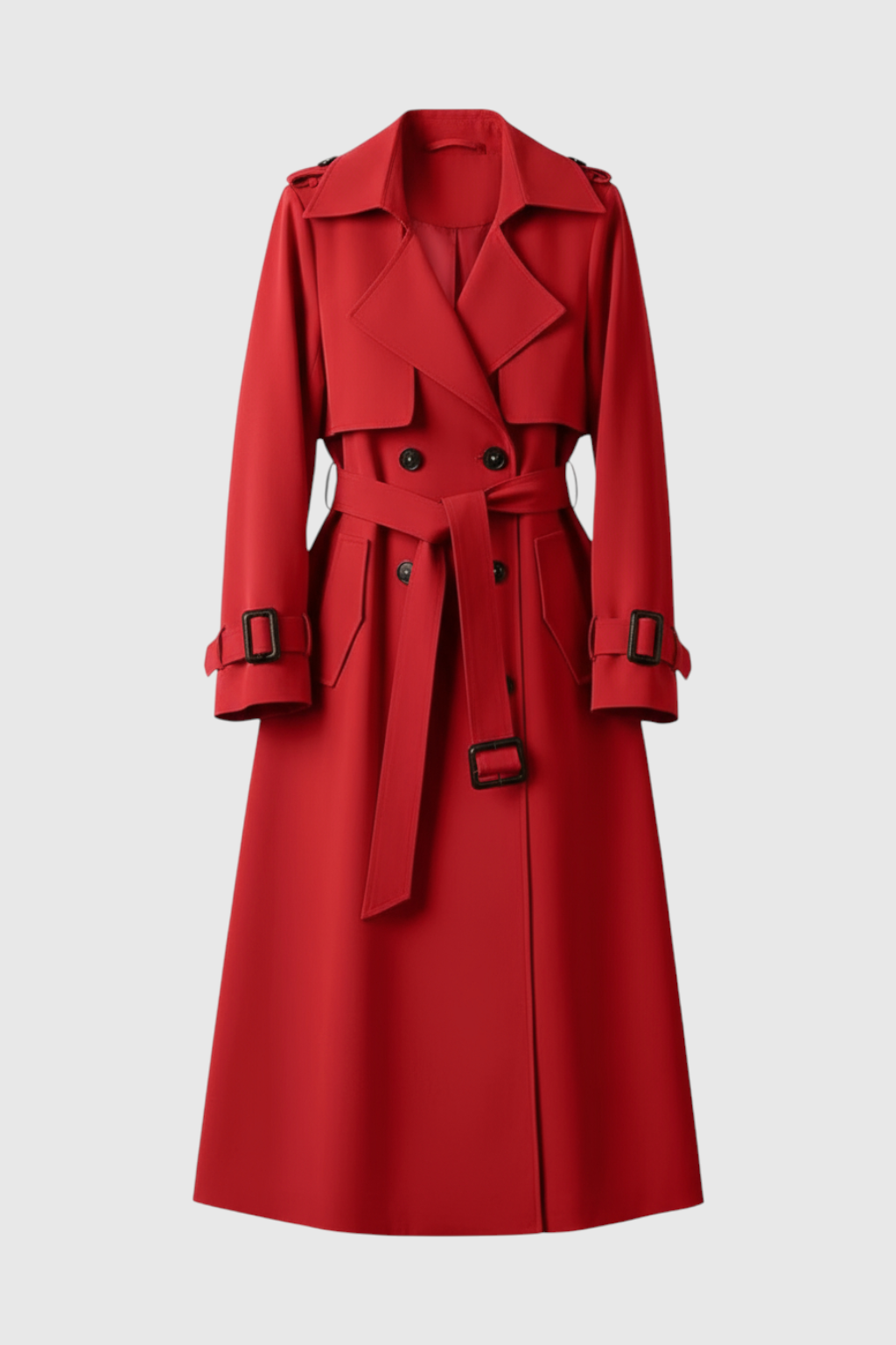 Long Double Breasted Trench Coat | Belted Waist, Epaulette Detail