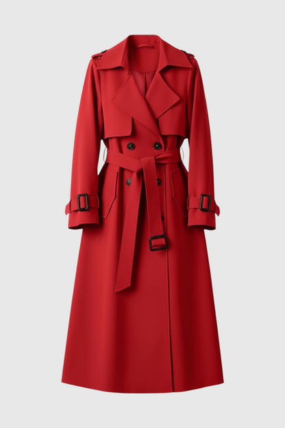Long Double Breasted Trench Coat | Belted Waist, Epaulette Detail