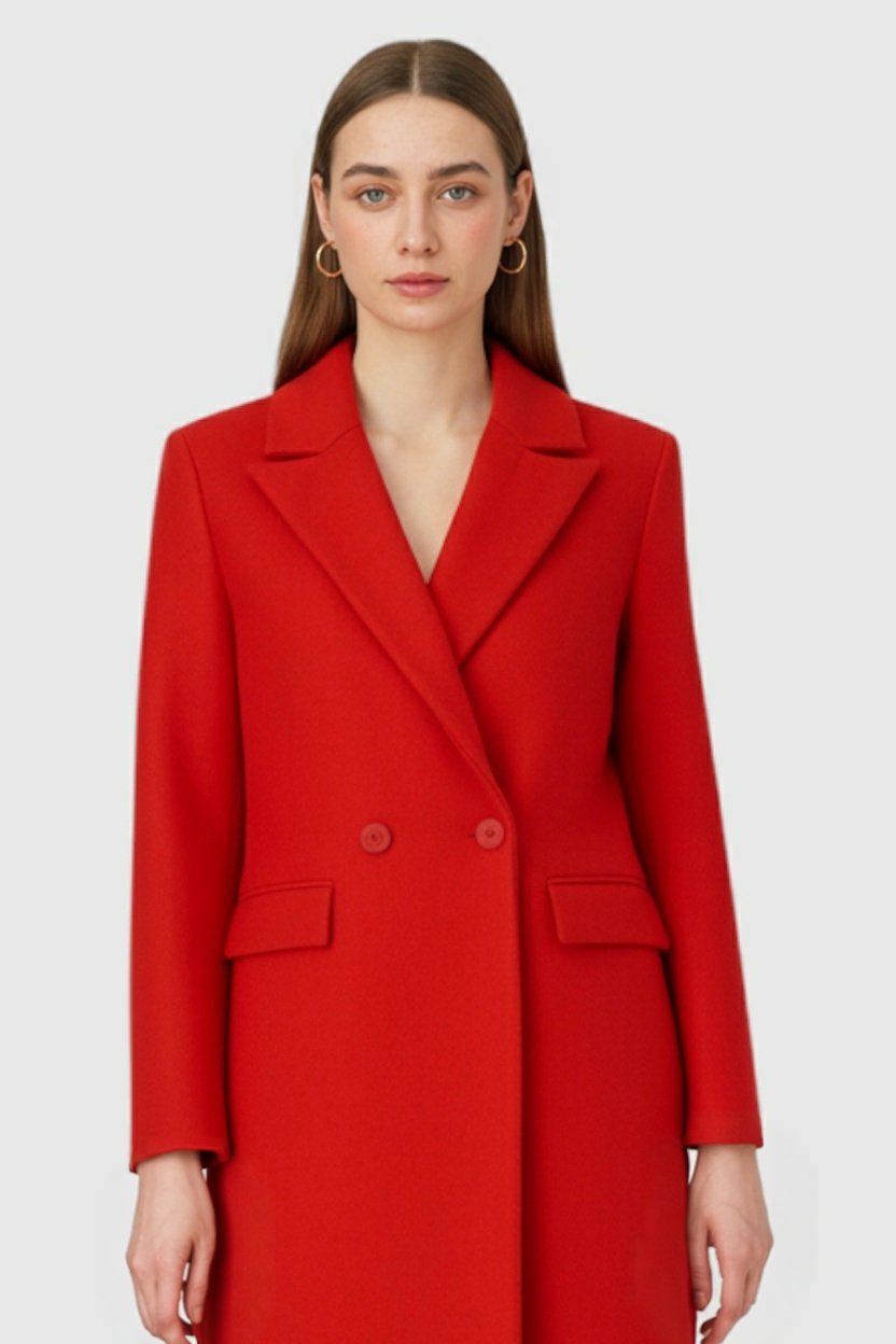 Long Double Breasted Coat | Slim Fit, Turn Down Collar, Full Sleeves