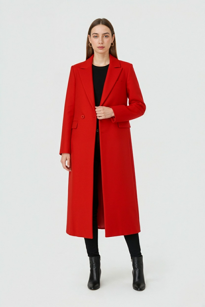 Long Double Breasted Coat | Slim Fit, Turn Down Collar, Full Sleeves