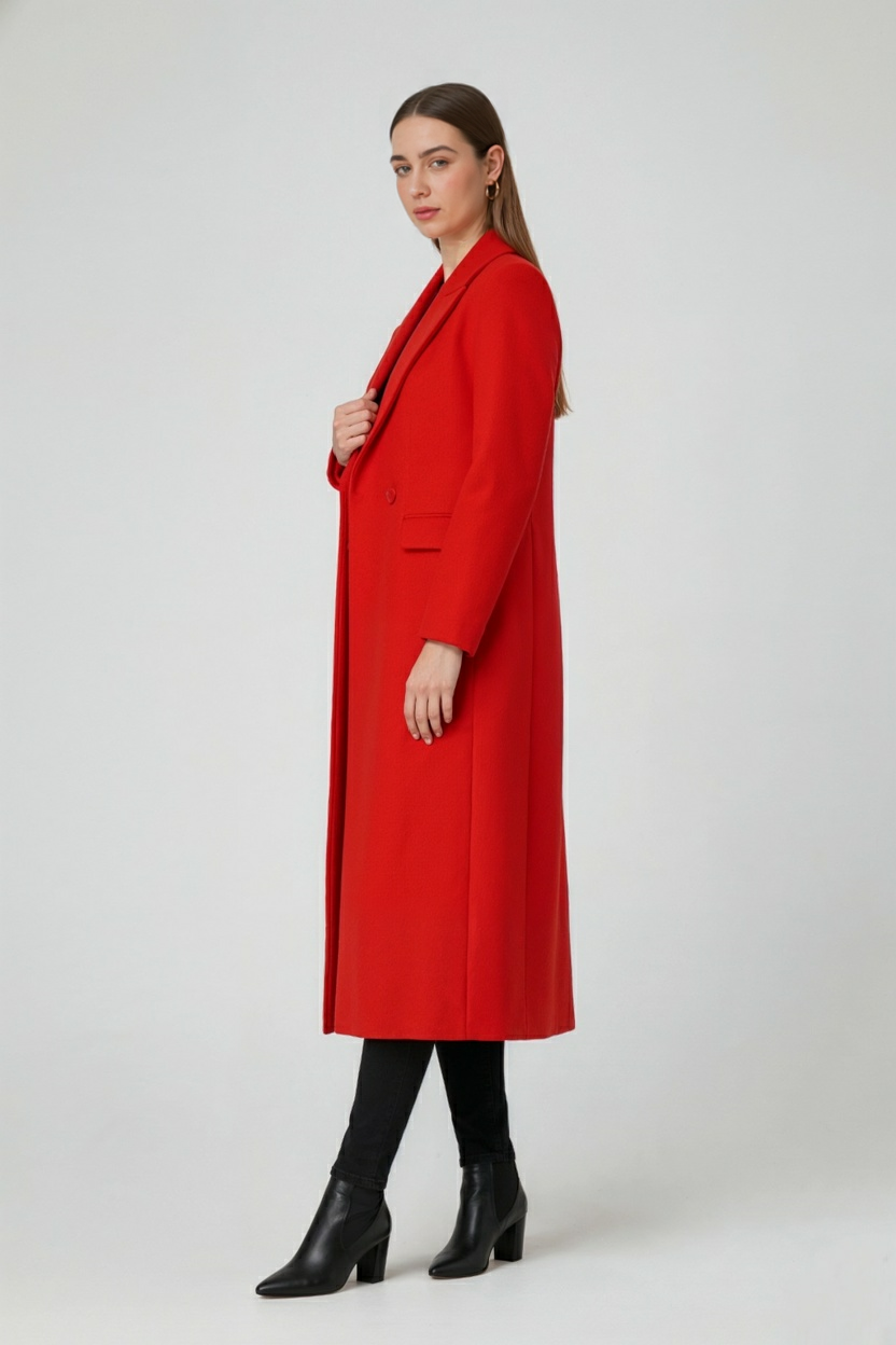 Long Double Breasted Coat | Slim Fit, Turn Down Collar, Full Sleeves