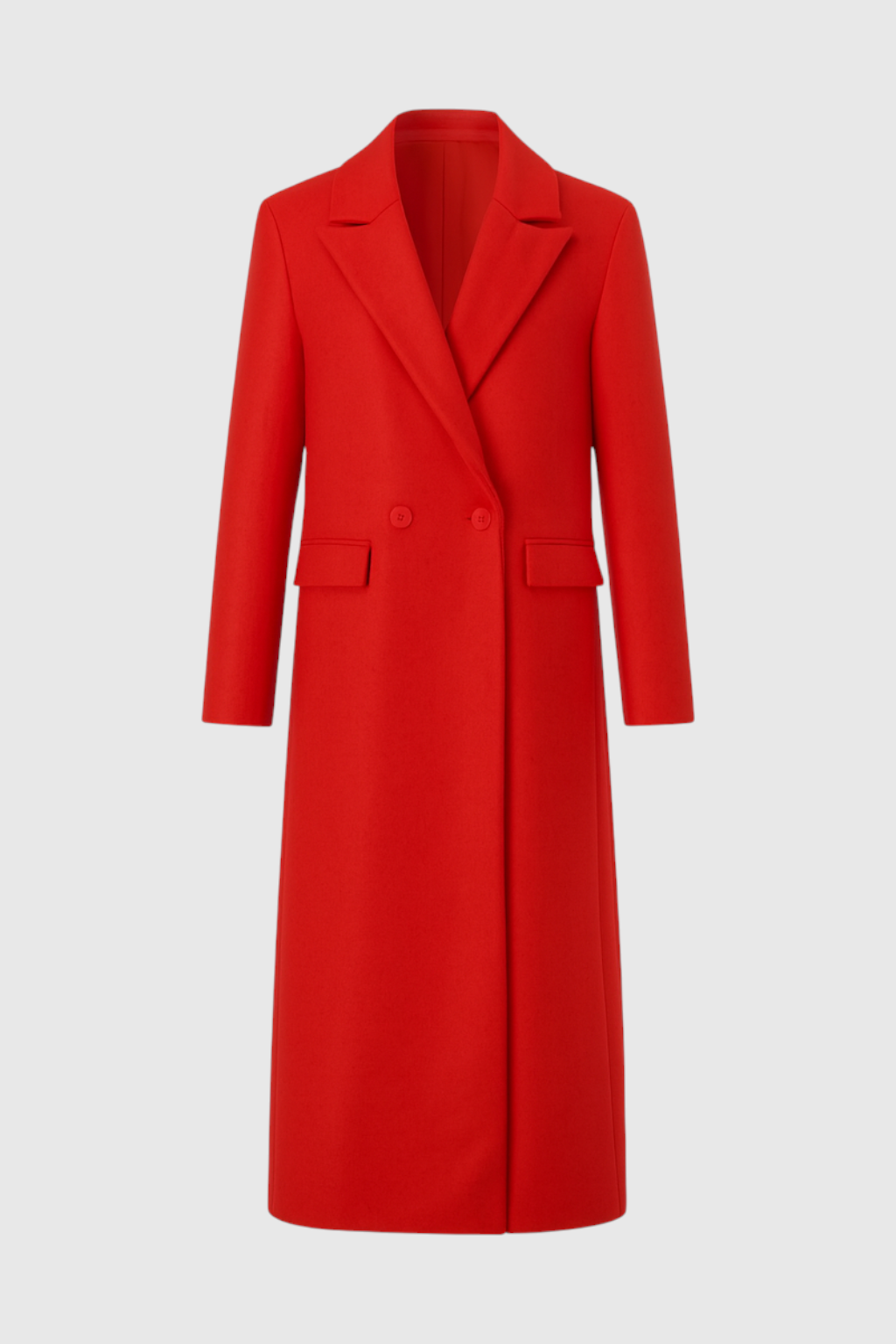 Long Double Breasted Coat | Slim Fit, Turn Down Collar, Full Sleeves