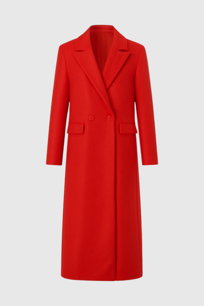 Long Double Breasted Coat | Slim Fit, Turn Down Collar, Full Sleeves