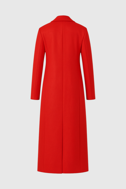 Long Double Breasted Coat | Slim Fit, Turn Down Collar, Full Sleeves