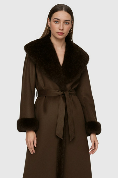 Long Belted Coat | Faux Fur Collar Trim | Wrap Front