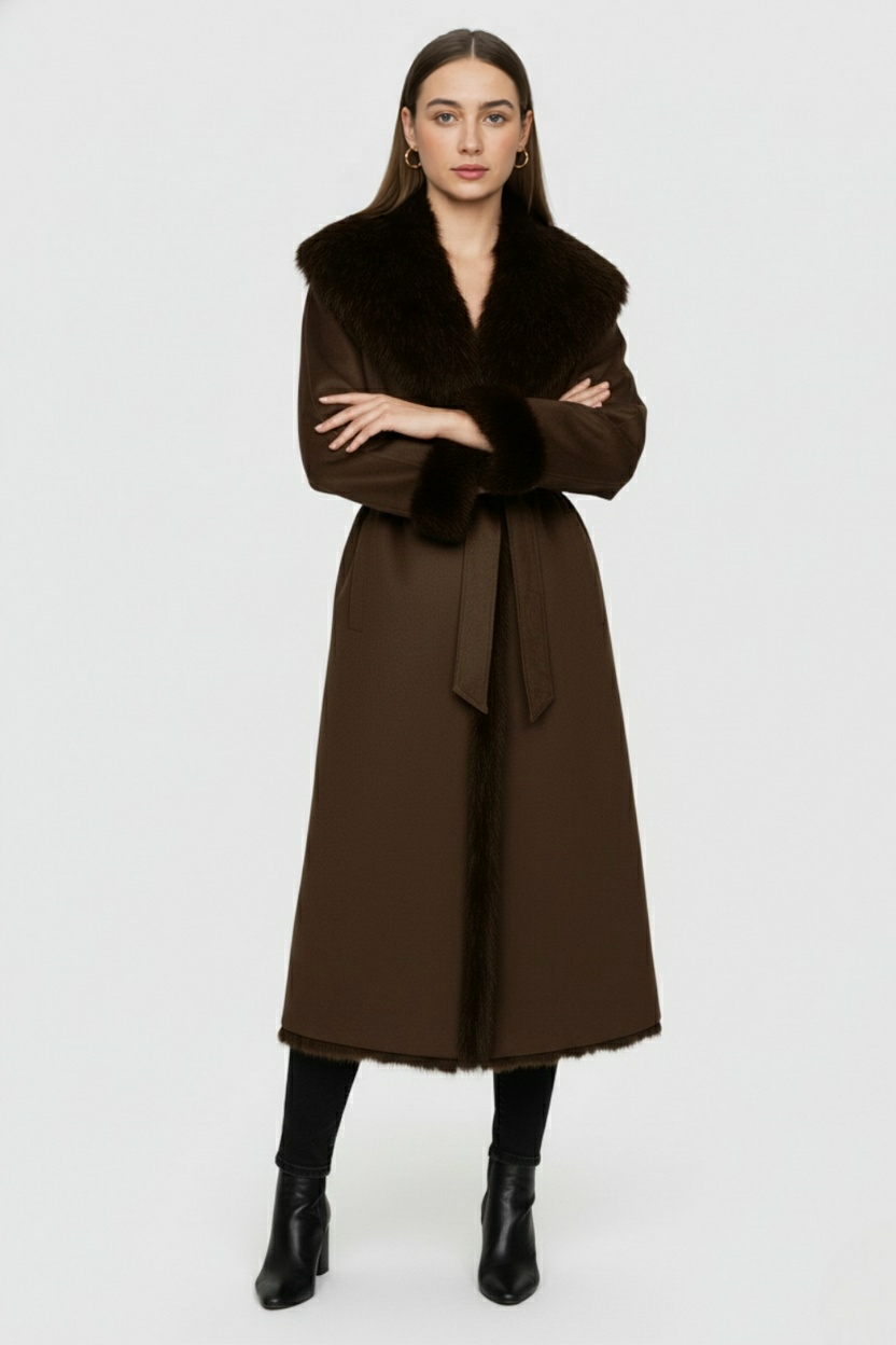 Long Belted Coat | Faux Fur Collar Trim | Wrap Front