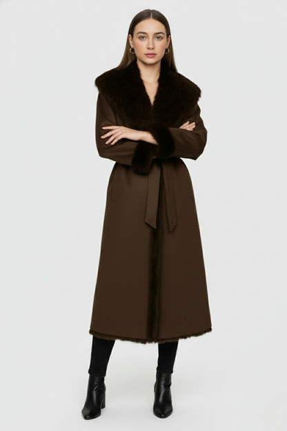 Long Belted Coat | Faux Fur Collar Trim | Wrap Front