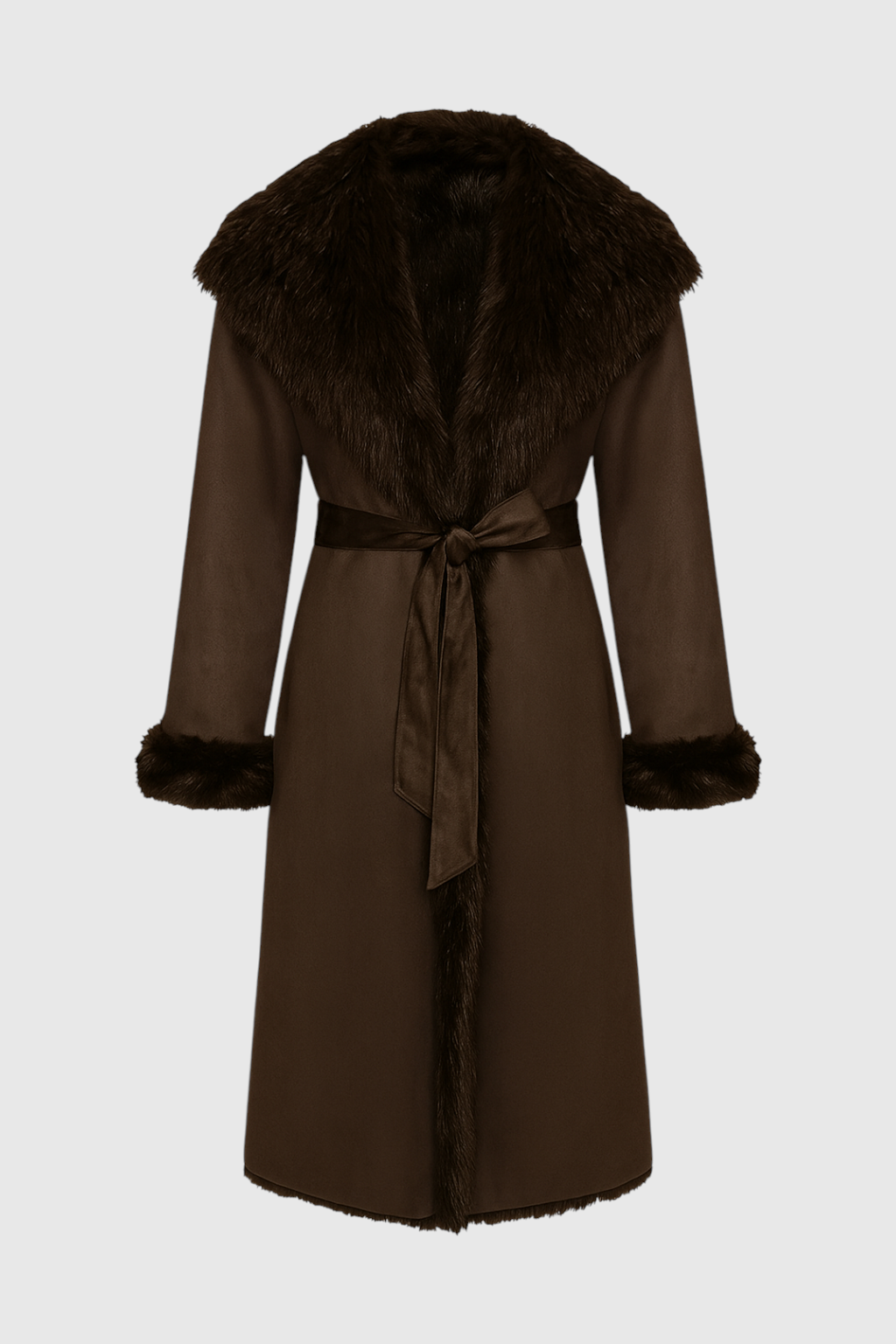 Long Belted Coat | Faux Fur Collar Trim | Wrap Front