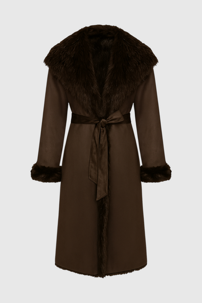 Long Belted Coat | Faux Fur Collar Trim | Wrap Front