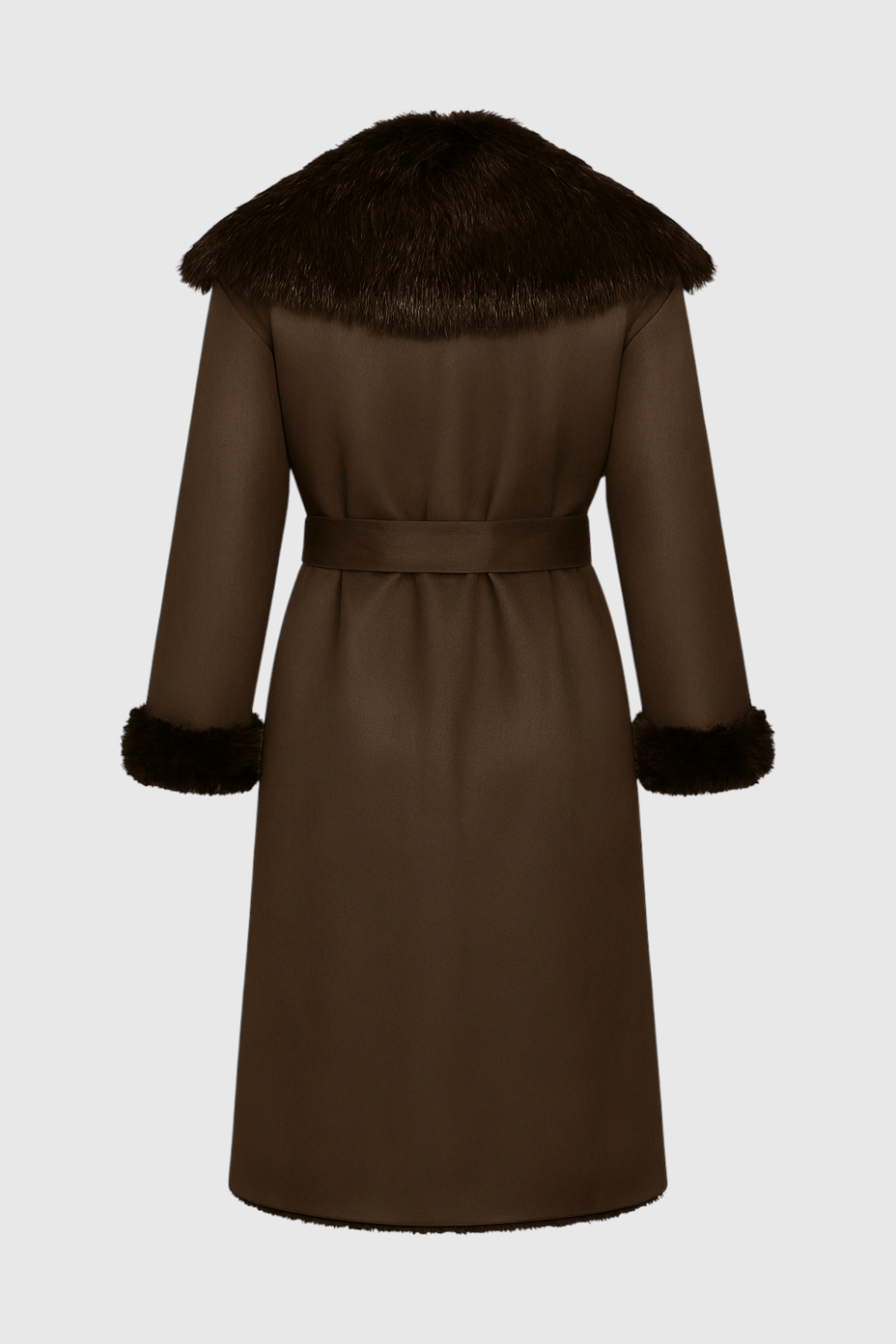 Long Belted Coat | Faux Fur Collar Trim | Wrap Front