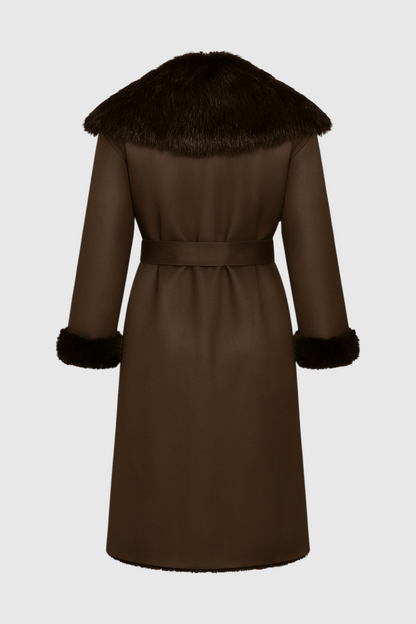 Long Belted Coat | Faux Fur Collar Trim | Wrap Front
