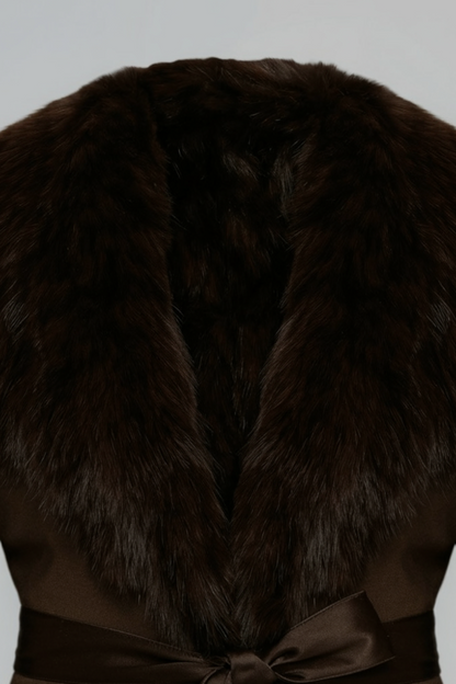 Long Belted Coat | Faux Fur Collar Trim | Wrap Front
