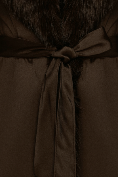 Long Belted Coat | Faux Fur Collar Trim | Wrap Front