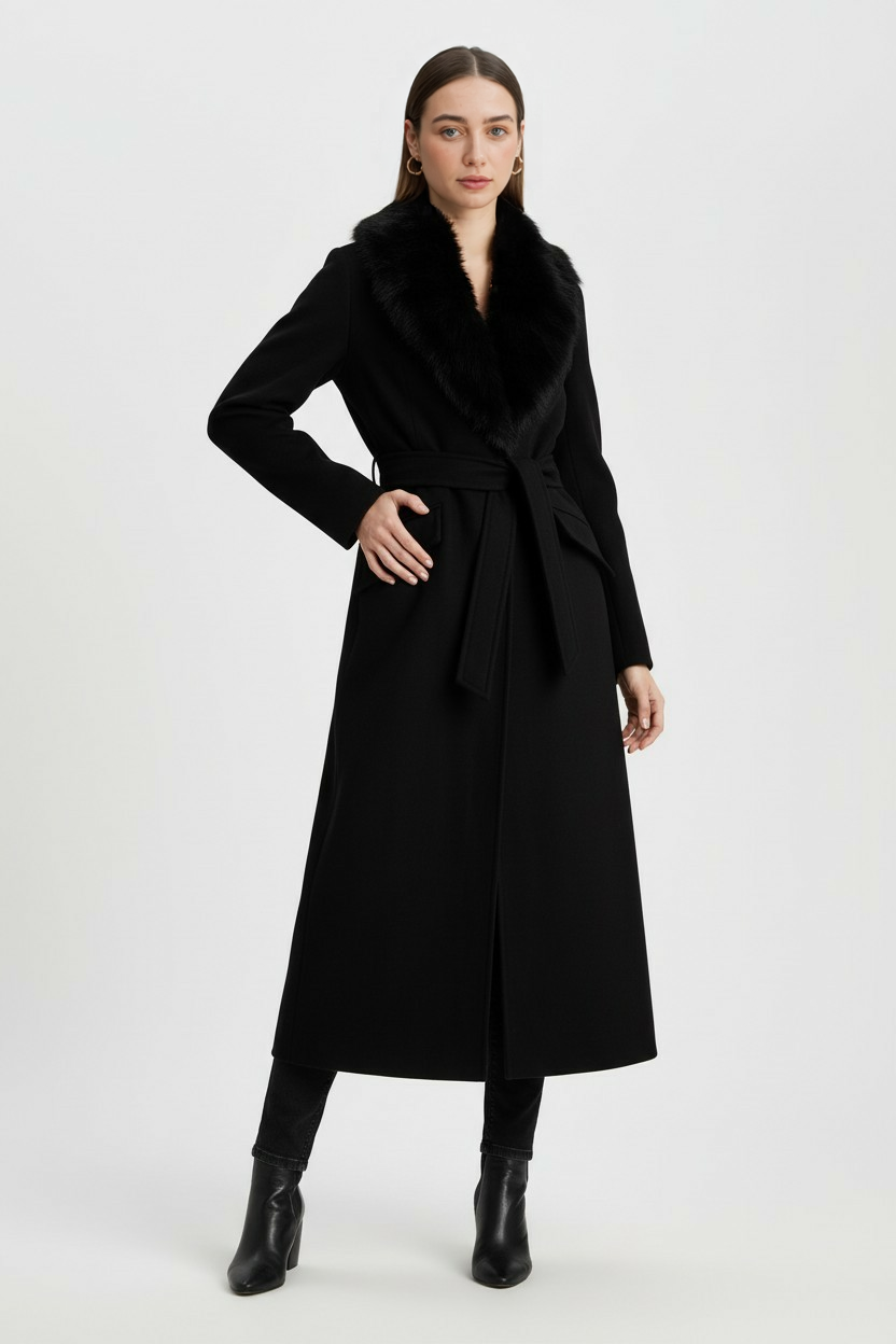 Long Faux Fur Collar Coat | Belted Waist, Single Button Closure