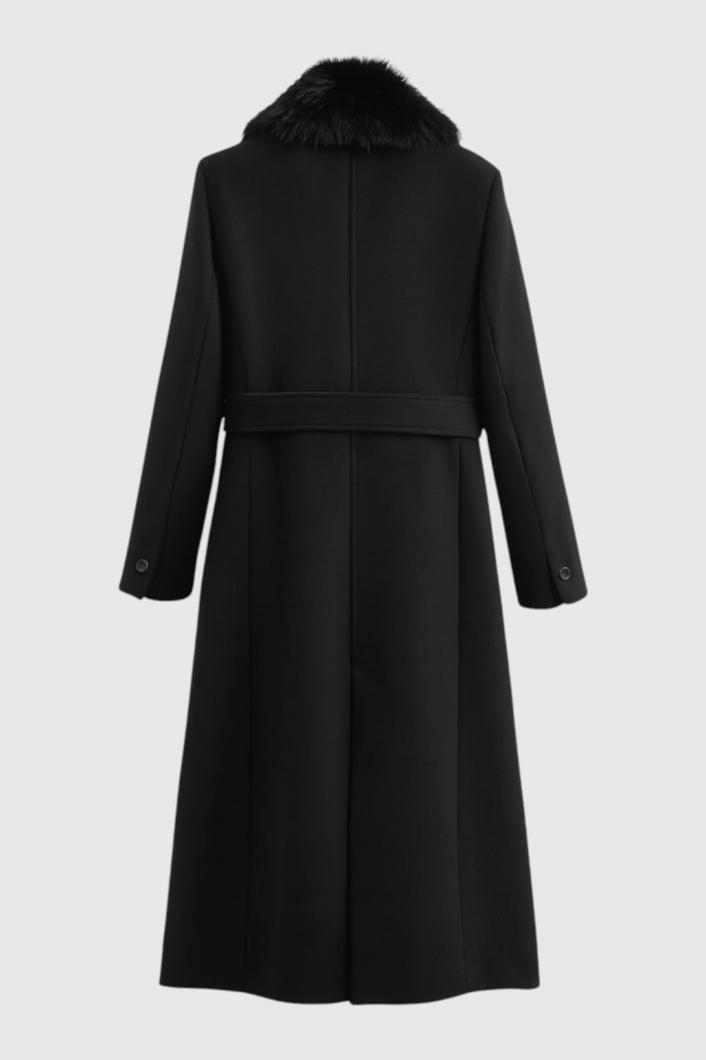 Long Faux Fur Collar Coat | Belted Waist, Single Button Closure
