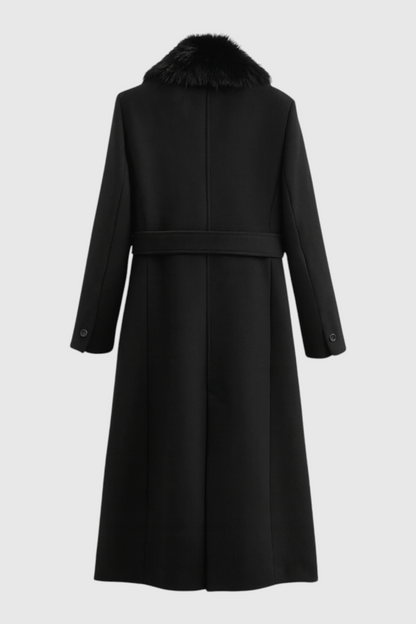 Long Faux Fur Collar Coat | Belted Waist, Single Button Closure