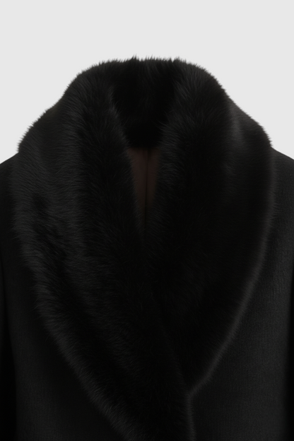 Long Faux Fur Collar Coat | Belted Waist, Single Button Closure