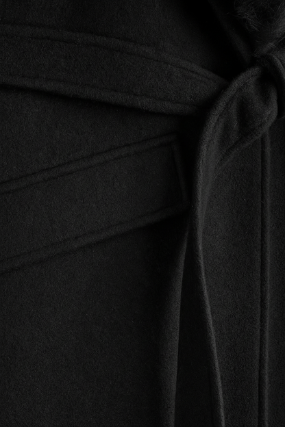 Long Faux Fur Collar Coat | Belted Waist, Single Button Closure
