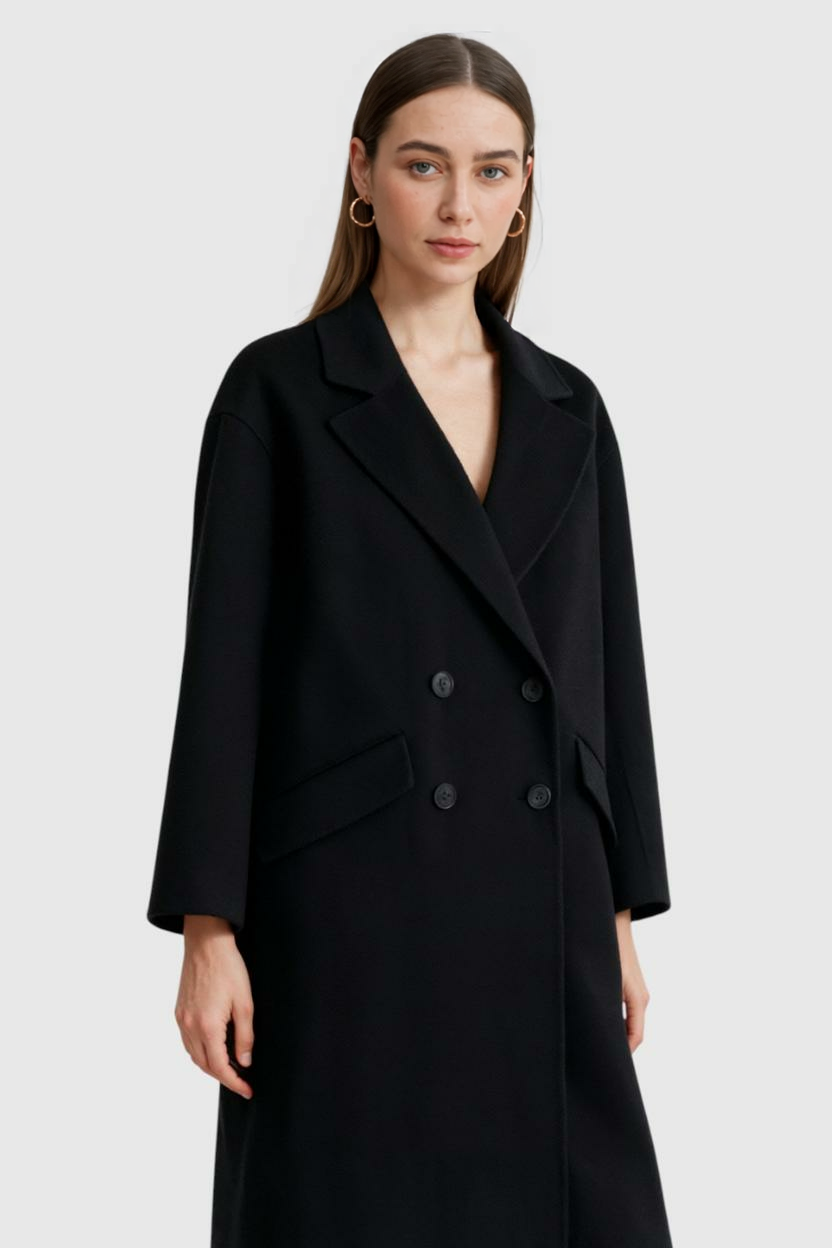 Double-Breasted Long Overcoat | Notched Lapel, Flap Pockets, Relaxed