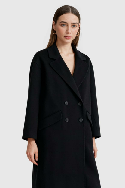 Double-Breasted Long Overcoat | Notched Lapel, Flap Pockets, Relaxed