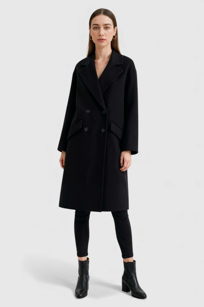 Double-Breasted Long Overcoat | Notched Lapel, Flap Pockets, Relaxed