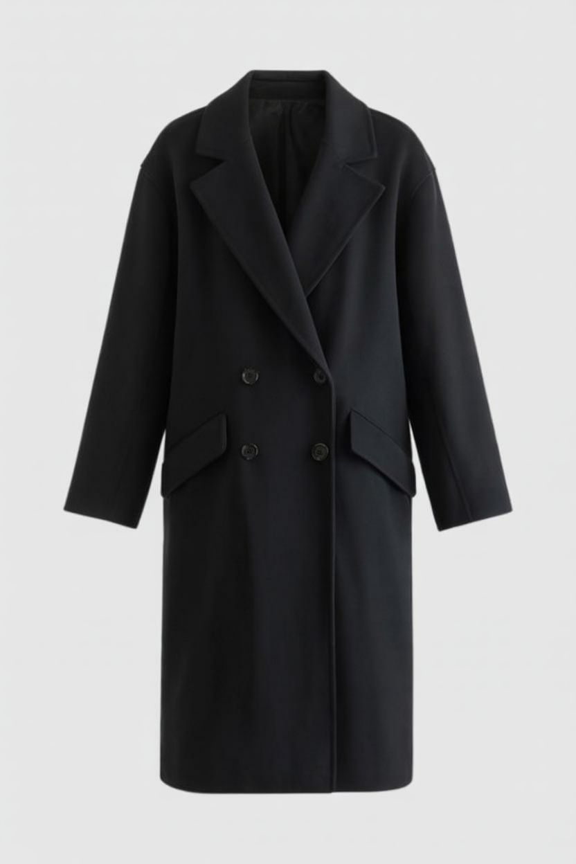 Double-Breasted Long Overcoat | Notched Lapel, Flap Pockets, Relaxed