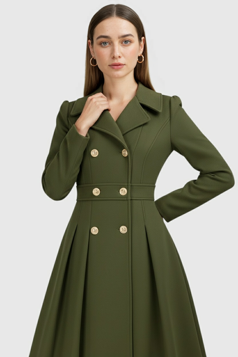 Long Fit-and-Flare Coat | Double Breasted, Belted Waist, Pleated Hem
