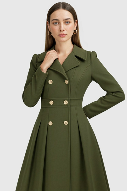 Long Fit-and-Flare Coat | Double Breasted, Belted Waist, Pleated Hem