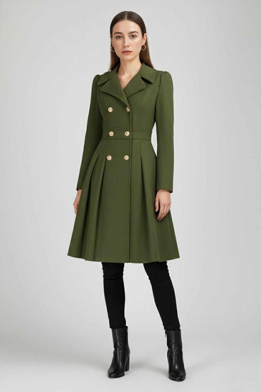 Long Fit-and-Flare Coat | Double Breasted, Belted Waist, Pleated Hem