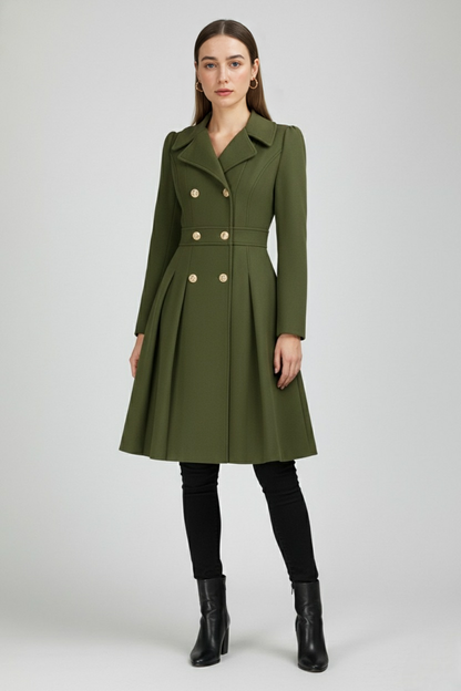 Long Fit-and-Flare Coat | Double Breasted, Belted Waist, Pleated Hem