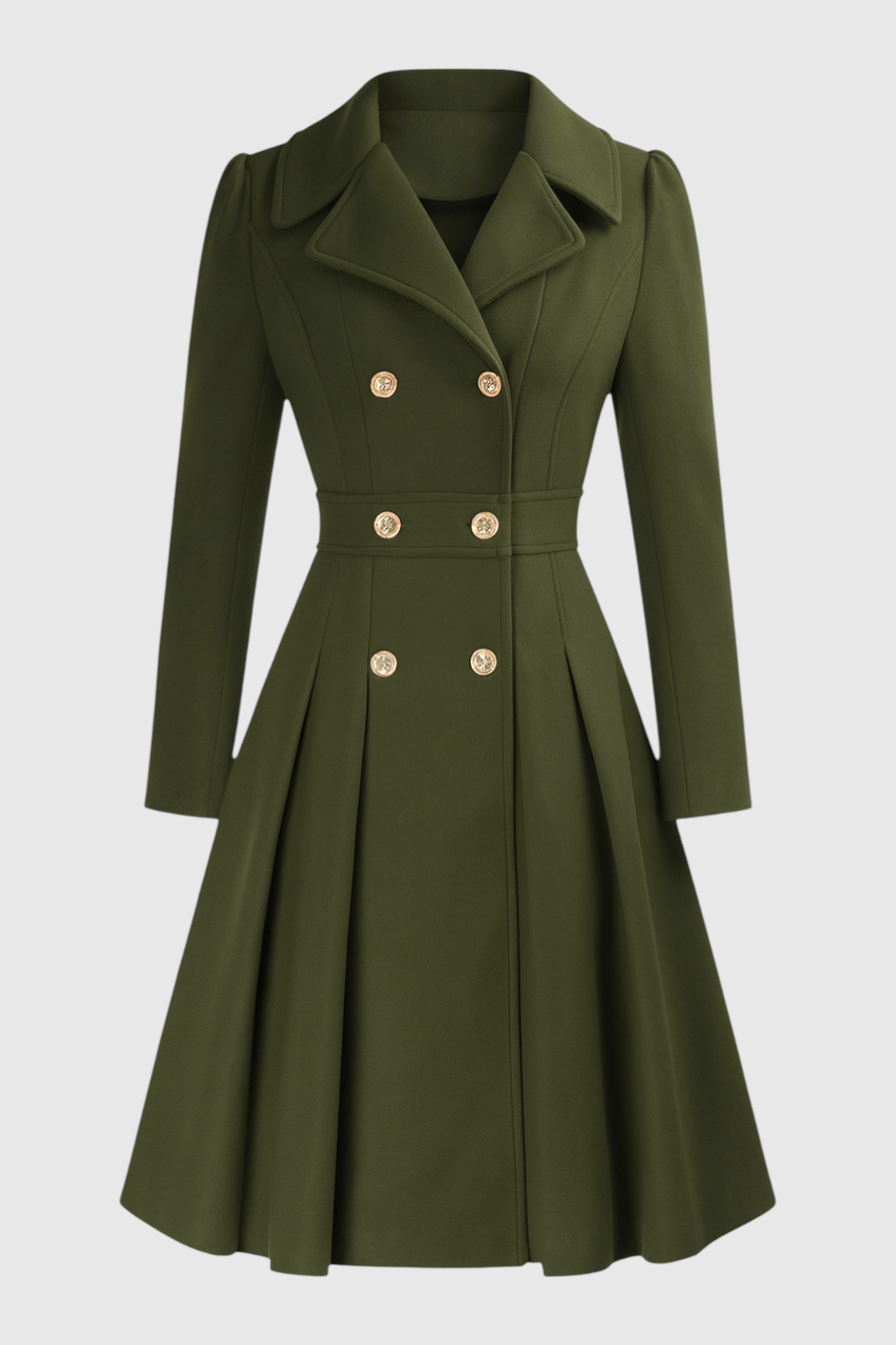 Long Fit-and-Flare Coat | Double Breasted, Belted Waist, Pleated Hem