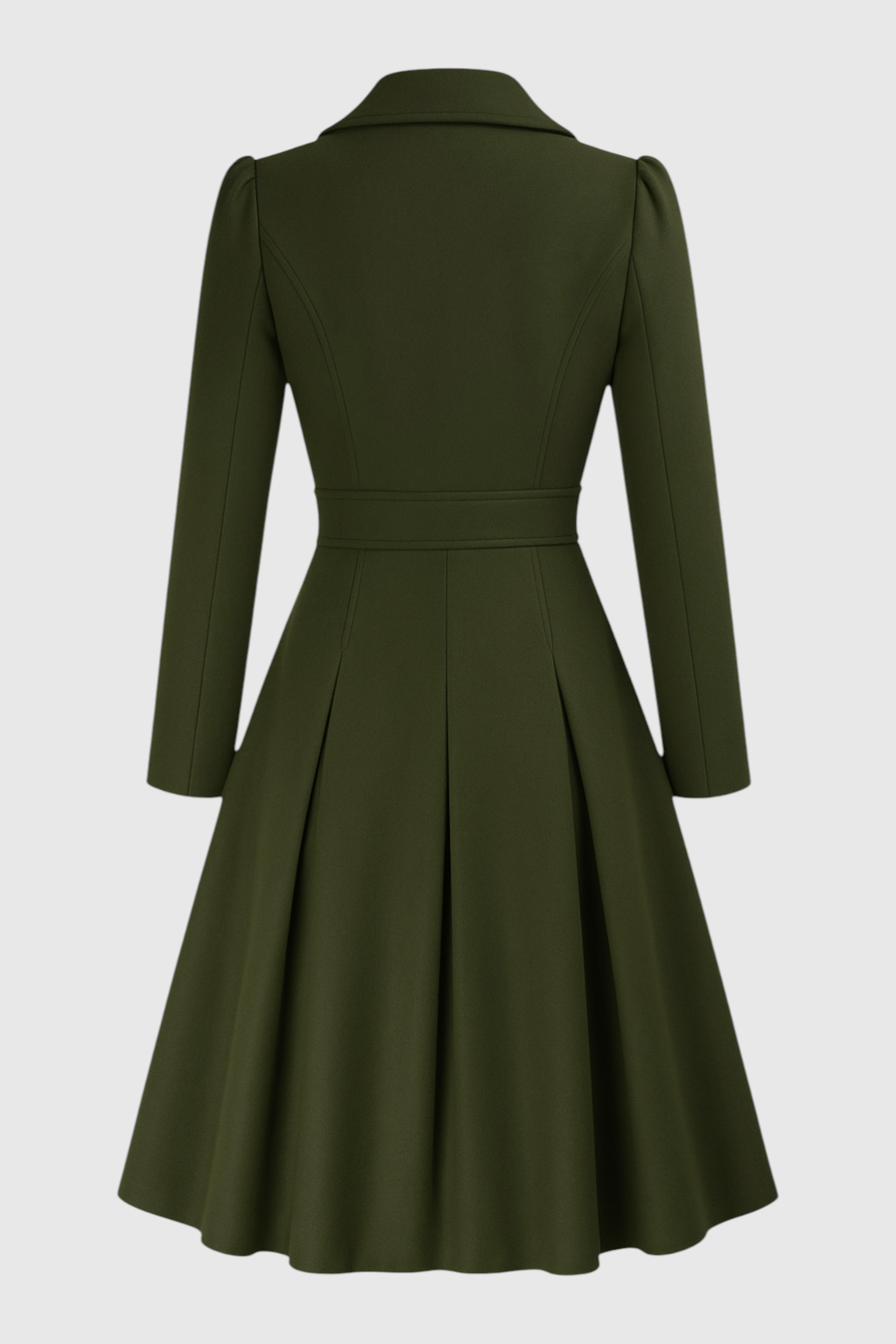 Long Fit-and-Flare Coat | Double Breasted, Belted Waist, Pleated Hem