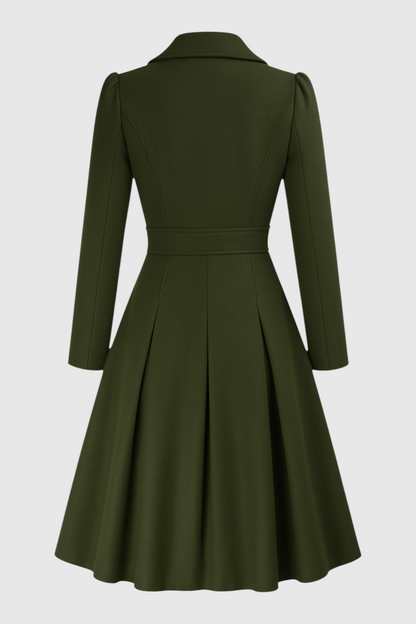 Long Fit-and-Flare Coat | Double Breasted, Belted Waist, Pleated Hem