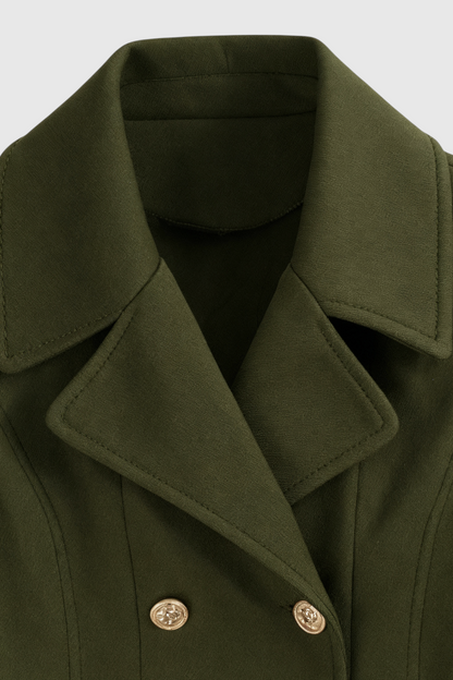 Long Fit-and-Flare Coat | Double Breasted, Belted Waist, Pleated Hem