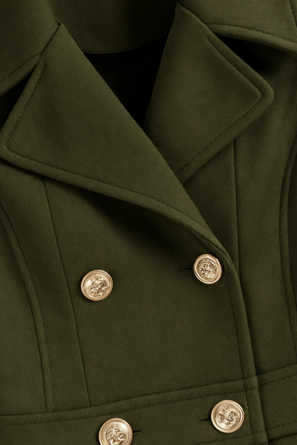 Long Fit-and-Flare Coat | Double Breasted, Belted Waist, Pleated Hem