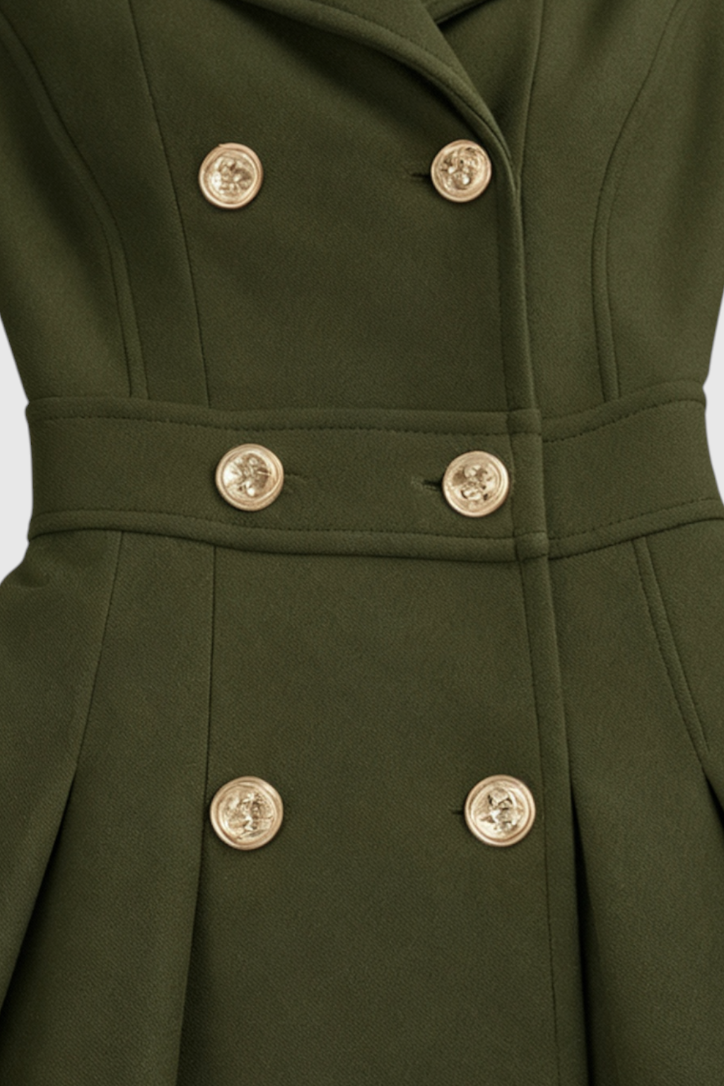 Long Fit-and-Flare Coat | Double Breasted, Belted Waist, Pleated Hem