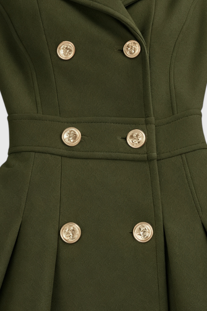 Long Fit-and-Flare Coat | Double Breasted, Belted Waist, Pleated Hem