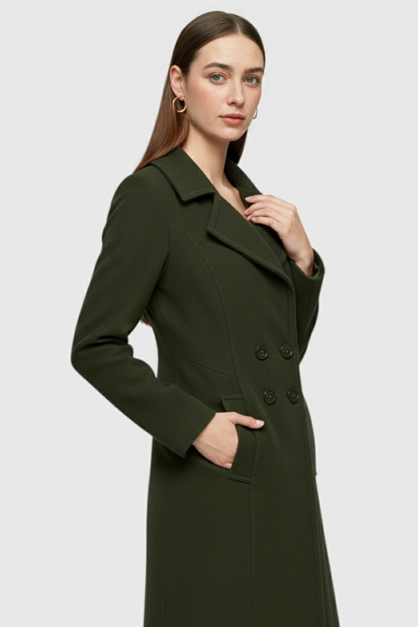 Long Double Breasted Coat | Notched Collar, Structured Line, Button Front