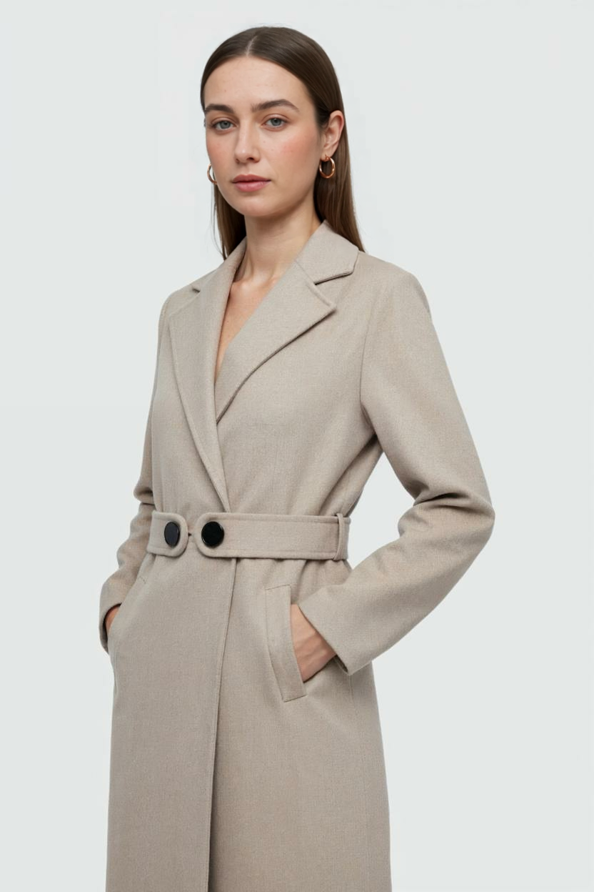 Belted Wool-Effect Longline Coat | Notched Lapel, Buttoned Waist Tab
