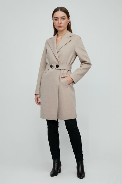 Belted Wool-Effect Longline Coat | Notched Lapel, Buttoned Waist Tab