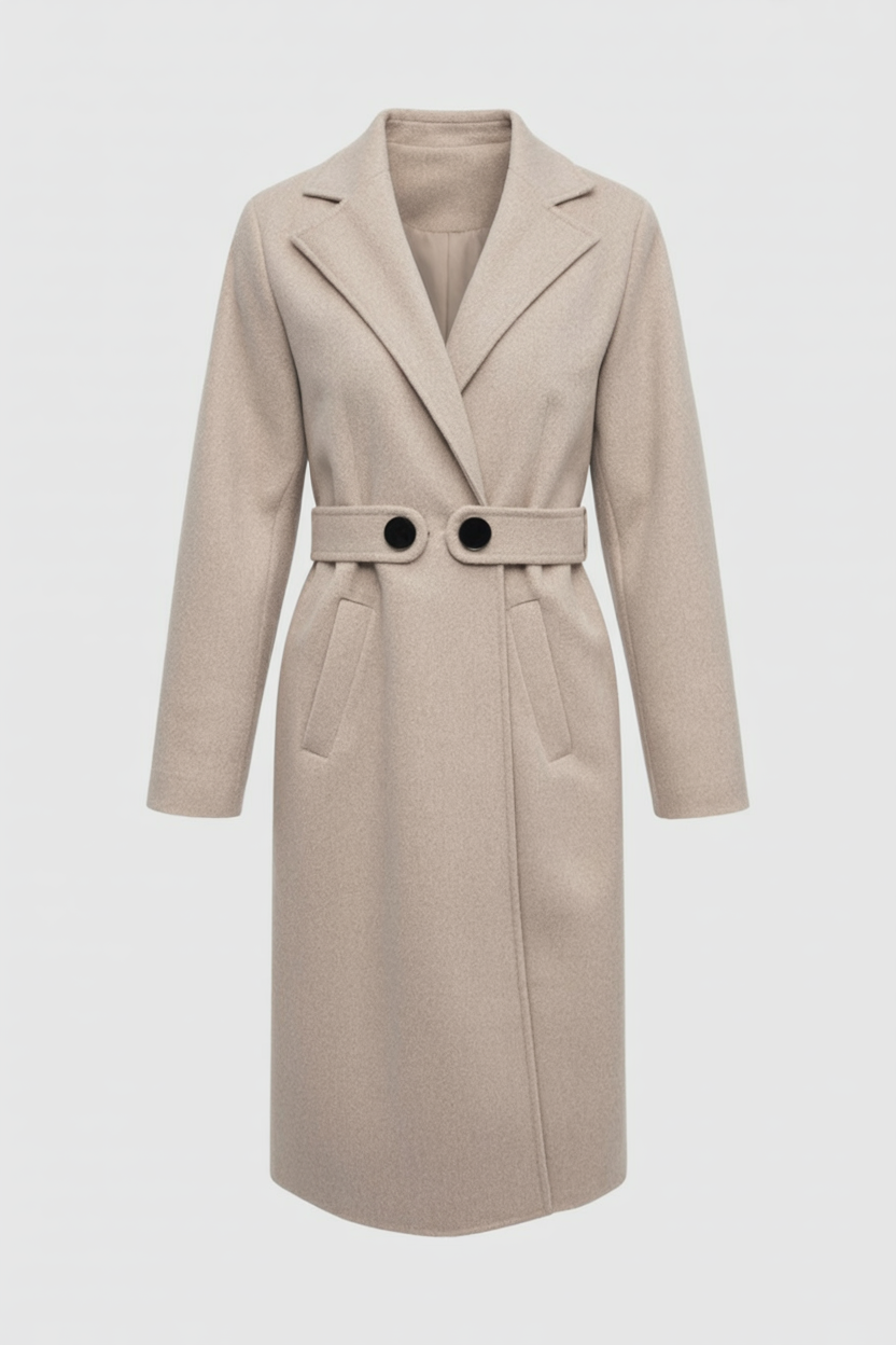 Belted Wool-Effect Longline Coat | Notched Lapel, Buttoned Waist Tab