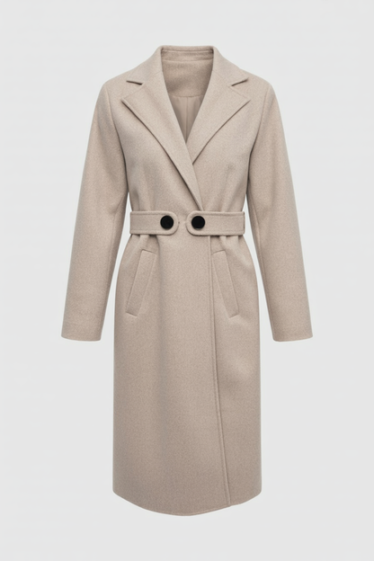 Belted Wool-Effect Longline Coat | Notched Lapel, Buttoned Waist Tab