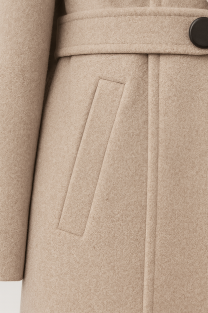 Belted Wool-Effect Longline Coat | Notched Lapel, Buttoned Waist Tab