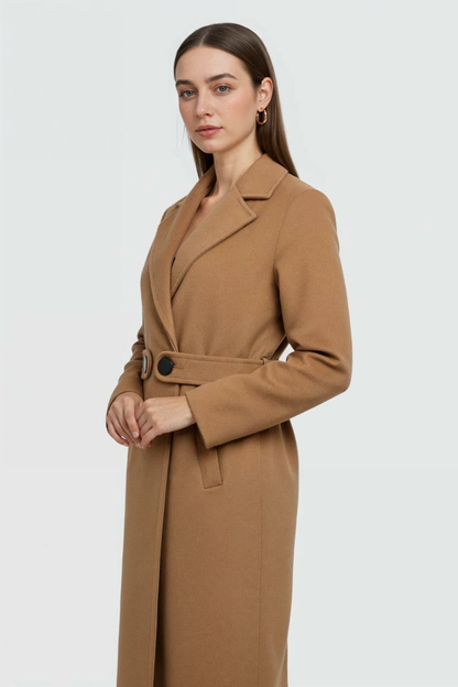 Belted Longline Coat | Notched Lapel, Buttoned Waist Tab, Slim Fit