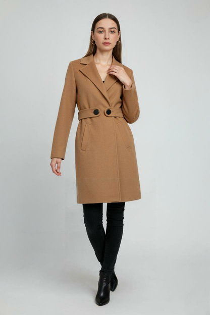 Belted Longline Coat | Notched Lapel, Buttoned Waist Tab, Slim Fit