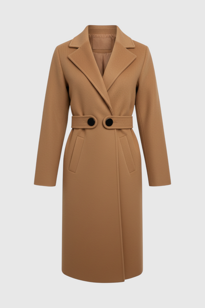 Belted Longline Coat | Notched Lapel, Buttoned Waist Tab, Slim Fit