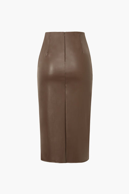 Women Midi Skirt Faux Leather