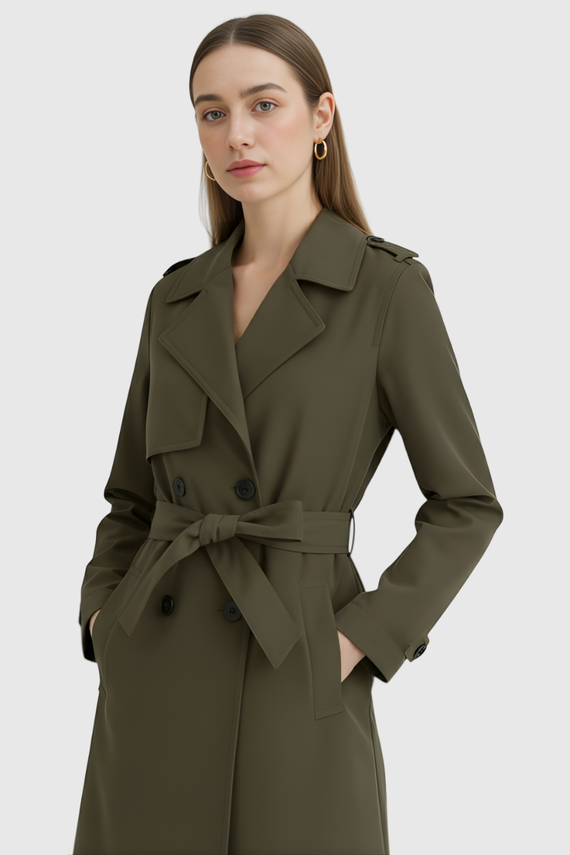 Mid Length Trench Coat | Double Breasted, Belted Waist, Storm Flap