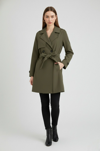 Mid Length Trench Coat | Double Breasted, Belted Waist, Storm Flap