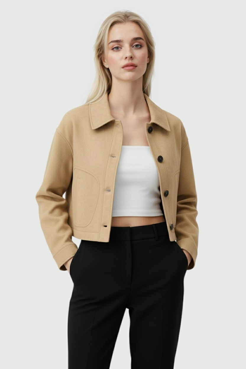 Cropped Suede-Effect Jacket | Button Front | Turn-Down Collar